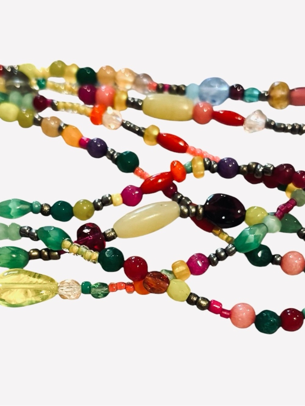 Colorful natural stone and glass beaded long artisan handmade necklace